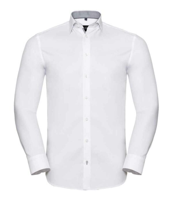 Russell Collection Long Sleeve Contrast Herringbone Shirt