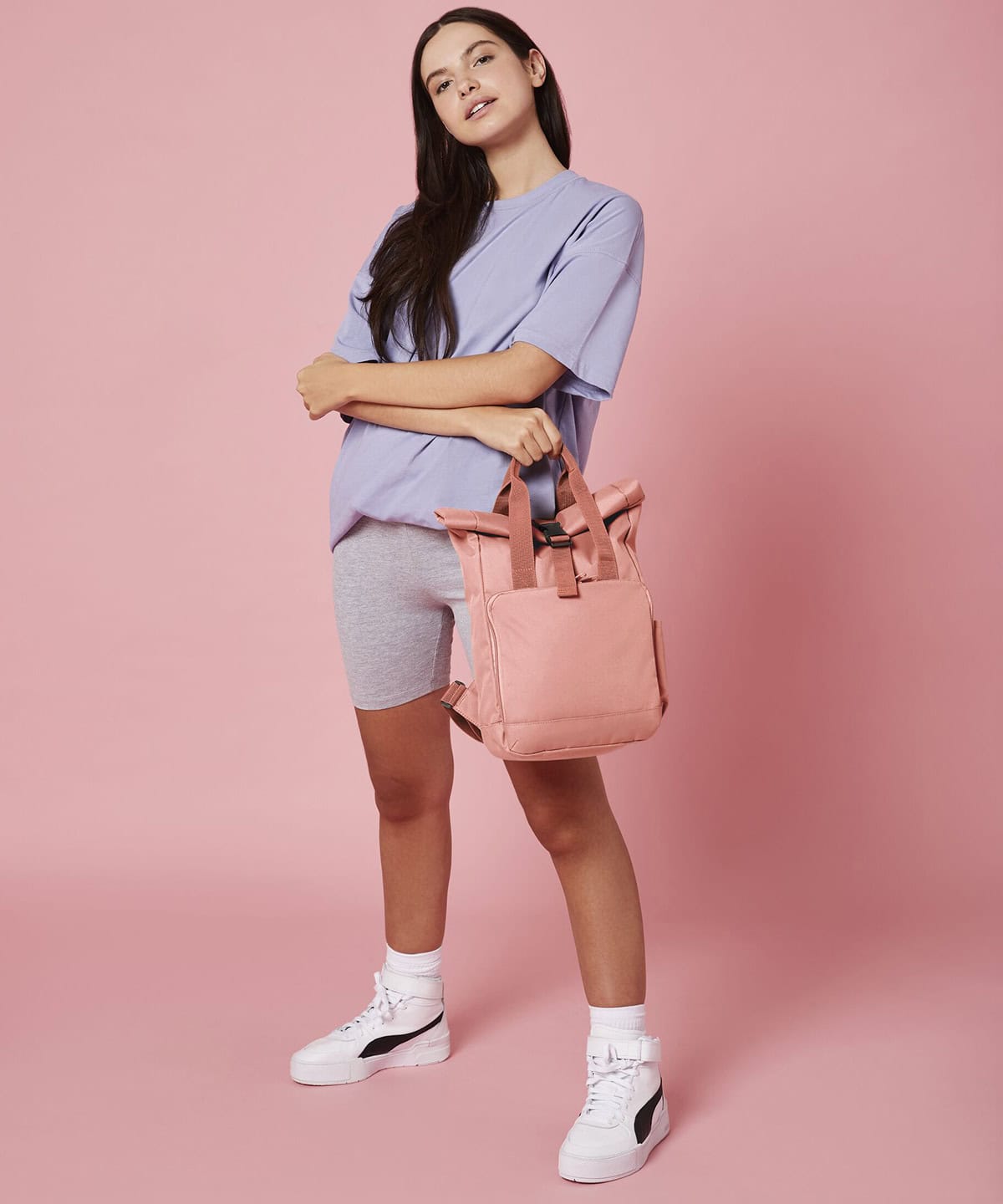 Recycled mini twin handle roll-top backpack